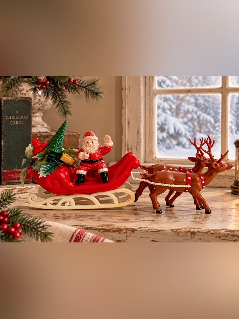 VTG Christmas Santa & Sleigh with Deer Plastic Holiday Decor Made in Hong‎ Kong